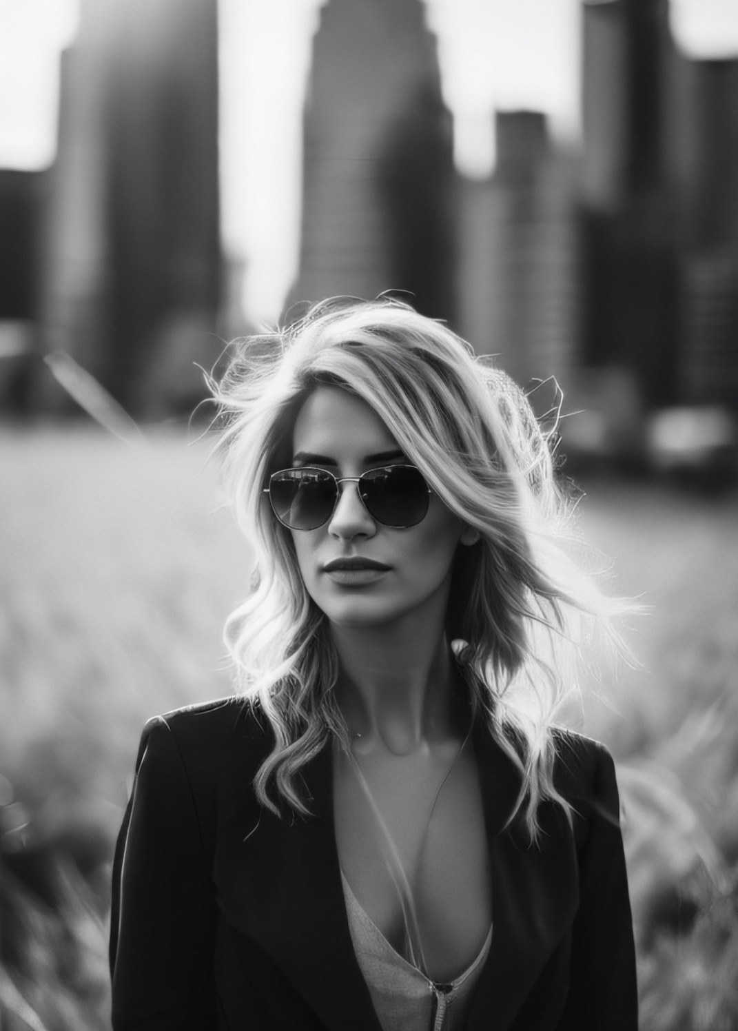 Stefanie in sunglasses and a blazer